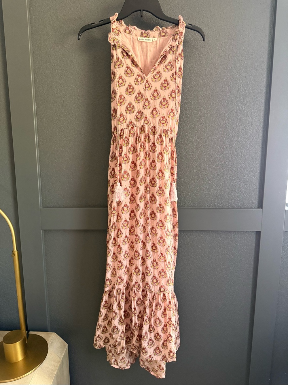 ROLLER RABBIT • block print tank maxi dress - Medium pink white tassels tie back